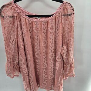 JohnPaulRichard Pink Rose Lace Floral Lined Long Sleeved Blouse 2x